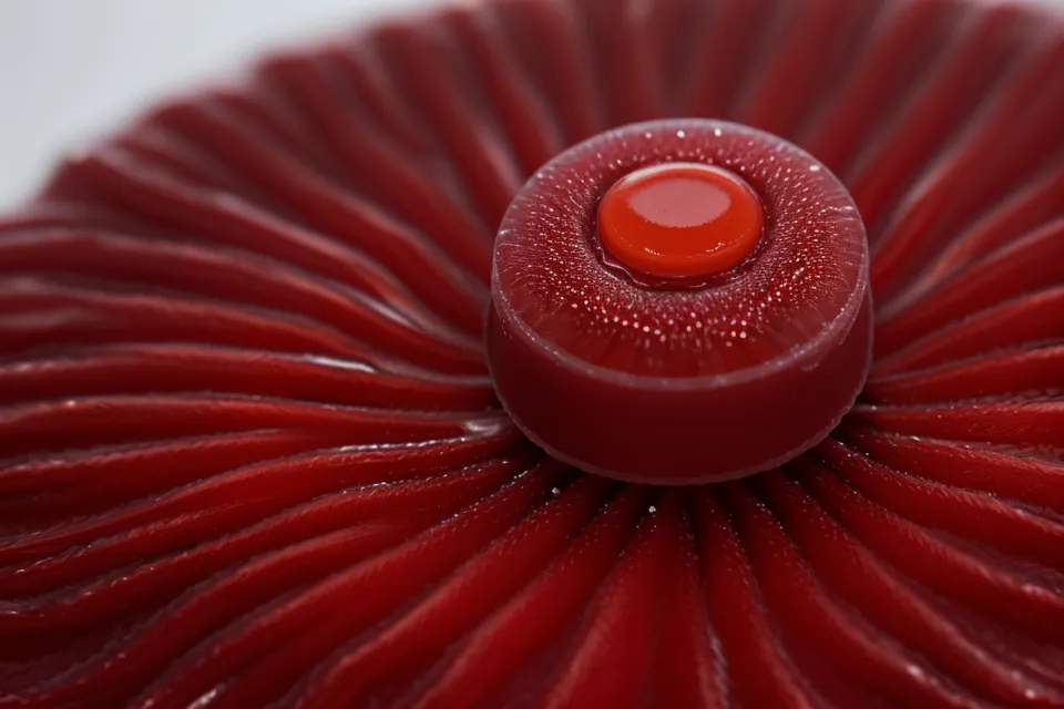 A close-up of a red astaxanthin capsule on a wooden desk with code in the background.