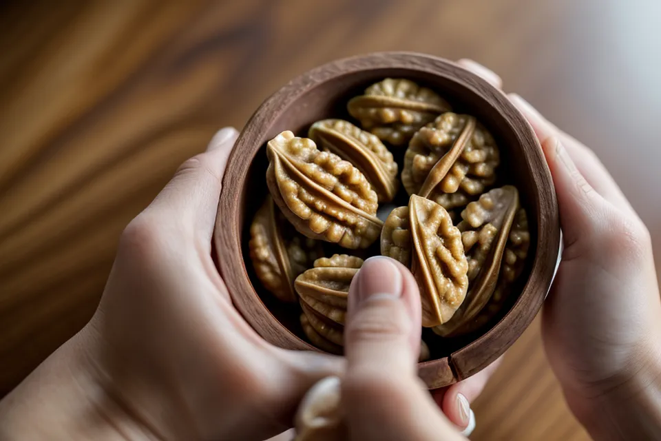 A hand holding walnuts and a supplement capsule to show fat-solubility pairing.