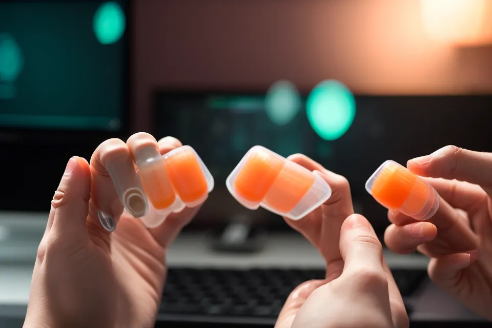Close-up of a developer holding an eye supplement capsule in front of a tracking spreadsheet.